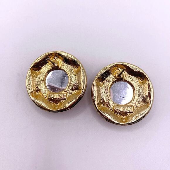 M Jent Signed Pierced Vintage Earrings with Red Glass Cabochon - Picture 3 of 6